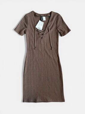 H&M Ribbed Lace-Up Short Sleeve Mini Dress - Brown